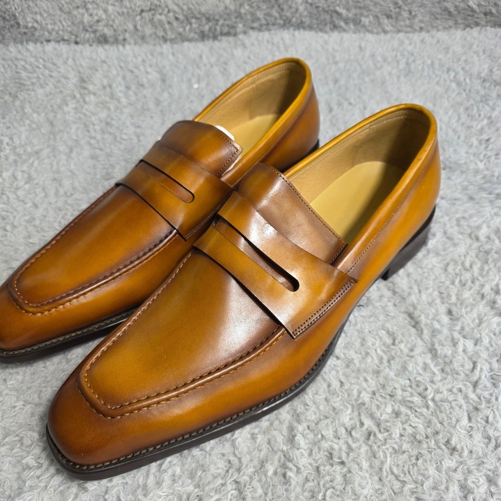 Maison Forte Seneca Cognac Burnished Leather Penny Loafers Square Toe Men 13 NEW